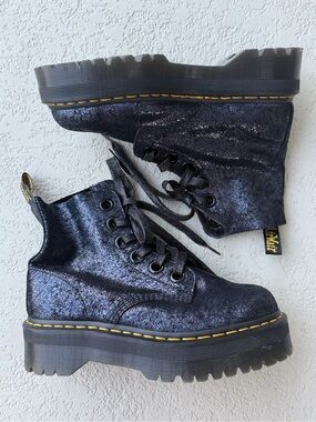 Dr. Martens Molly Platform Boots in Black Iridescent Crackle Leather Finish